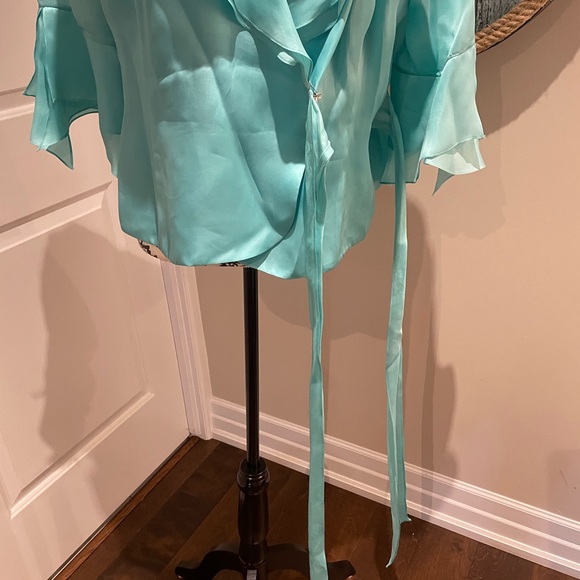 Seafoam colored silk blouse with frilly collar and sleeves. - Picture 5 of 12